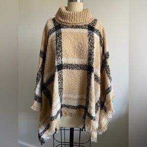 Serra Beige & Black Plaid Sweater Knit Turtleneck Poncho One Size